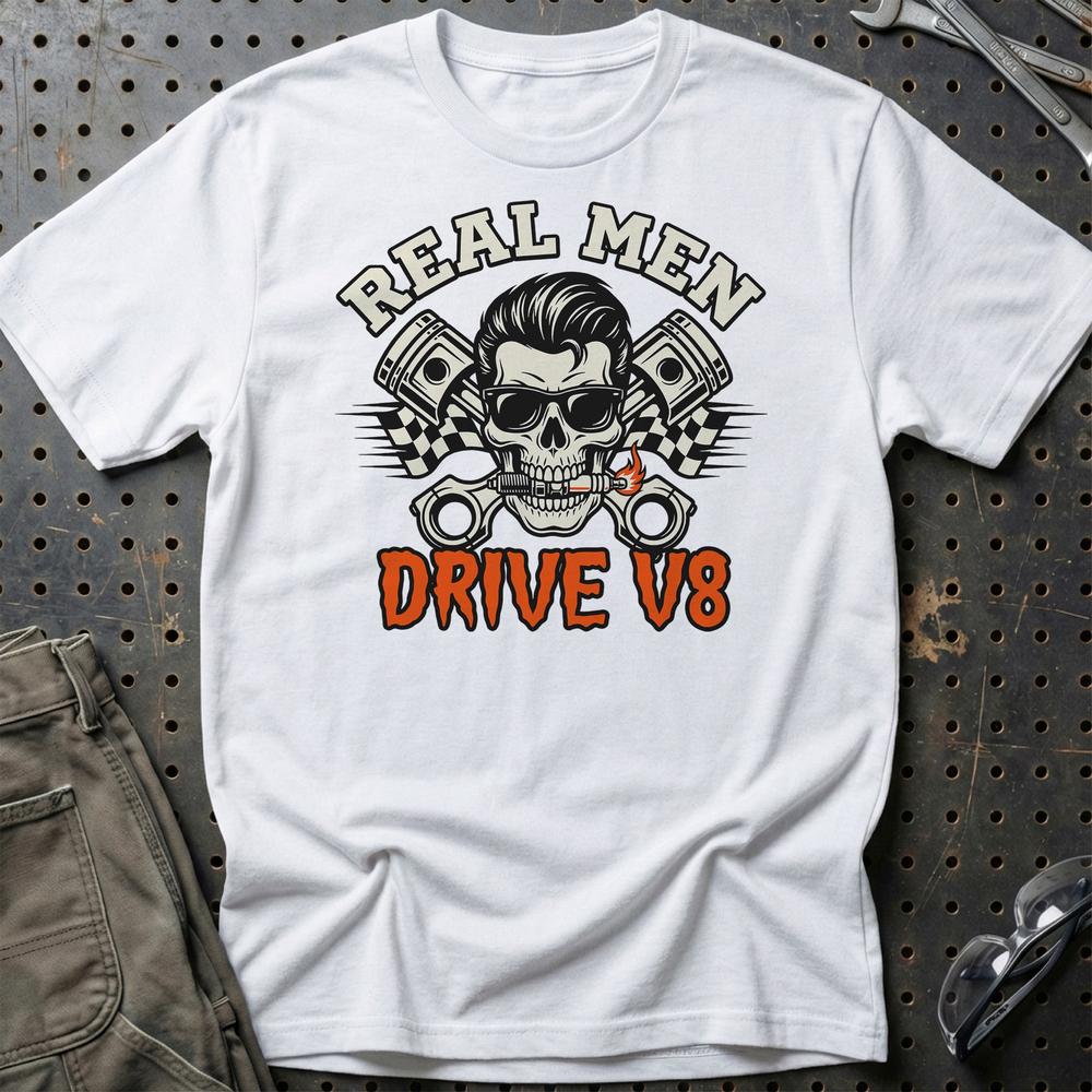 Real Men Drive V8 T-Shirt-Beklædning-Garage Culture-Hvid-S-Garage Culture Shop- garage - man cave - merchandise