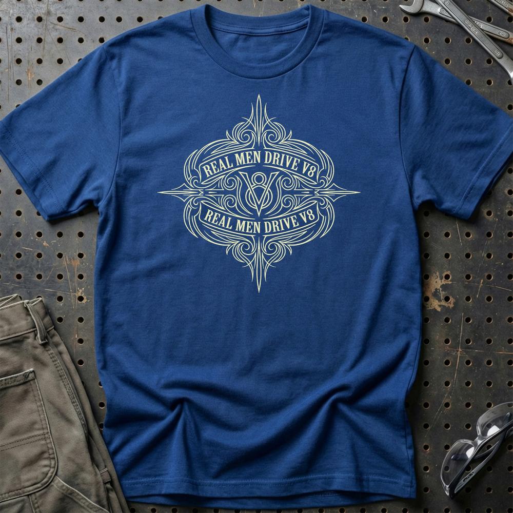 Real Men Drive V8 T-Shirt-Beklædning-Garage Culture-Blå Royal-S-Garage Culture Shop- garage - man cave - merchandise
