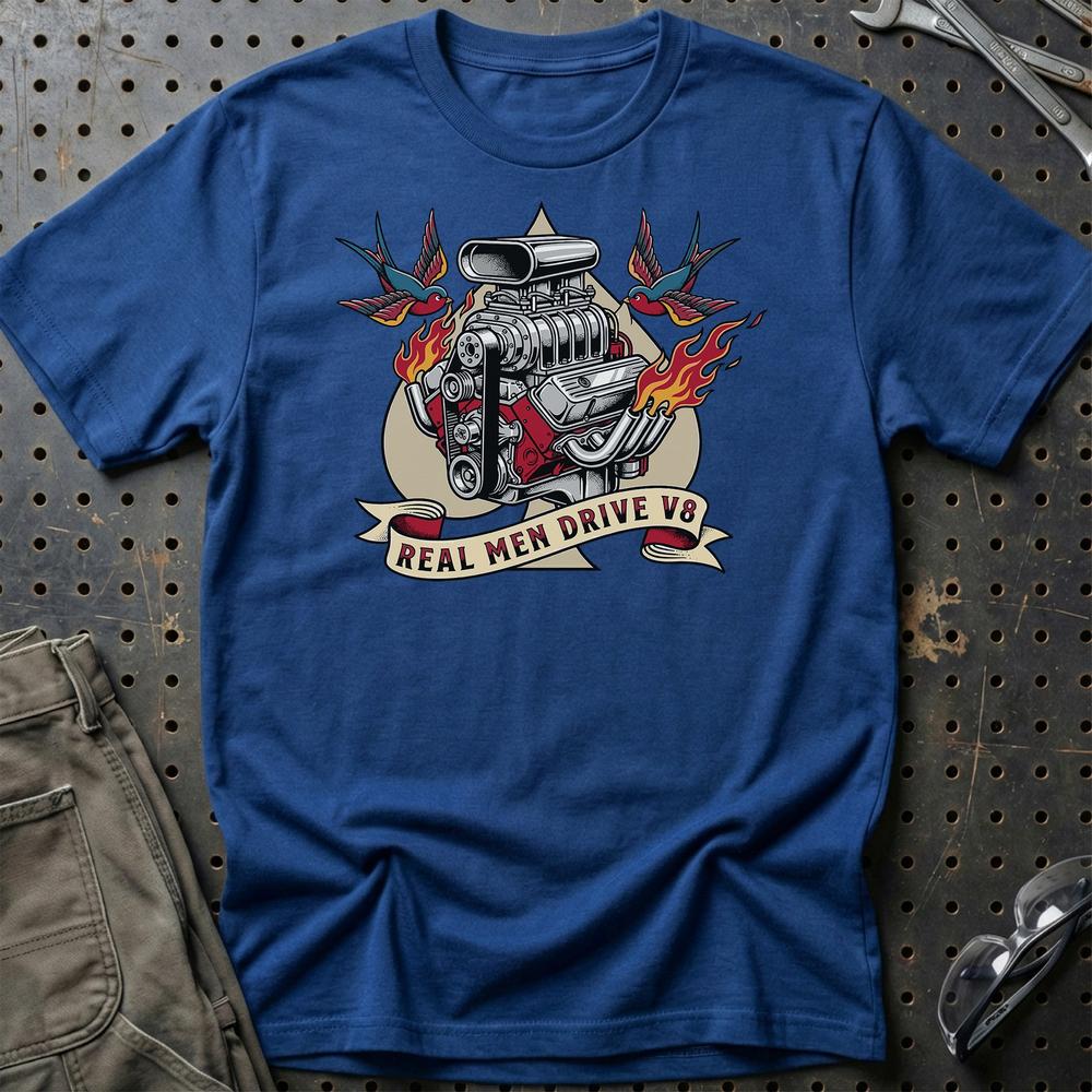 Real Men Drive V8 T-Shirt-Beklædning-Garage Culture-Blå Royal-S-Garage Culture Shop- garage - man cave - merchandise