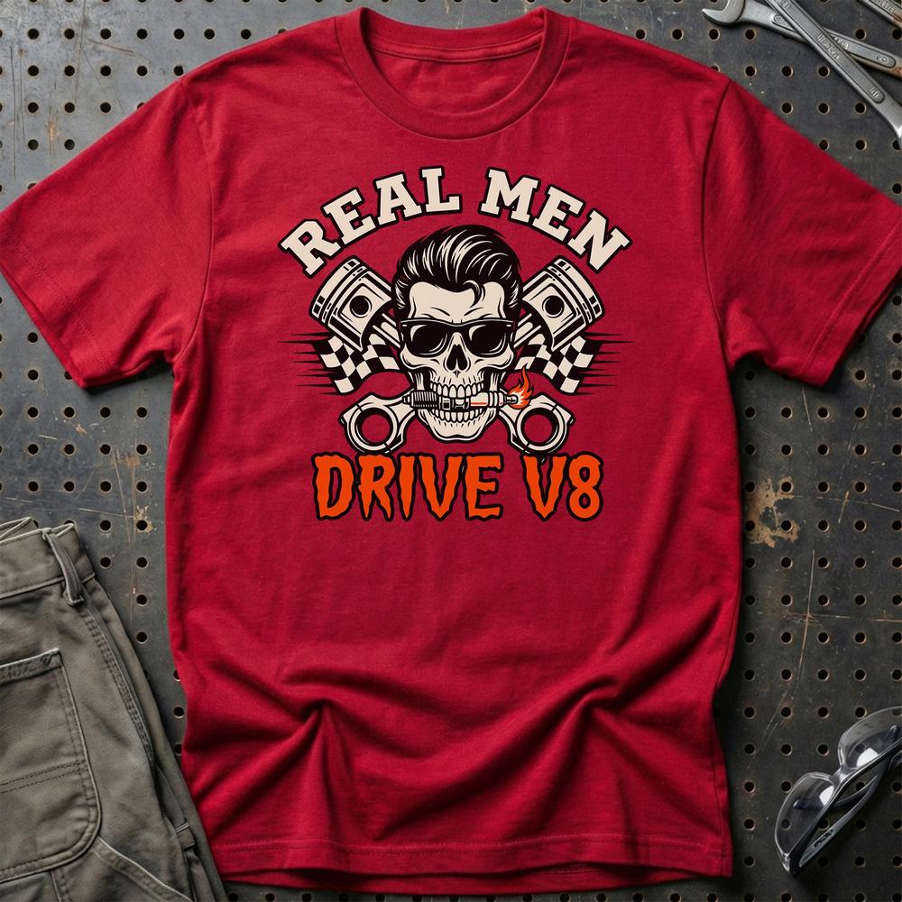 Real Men Drive V8 T-Shirt-Beklædning-Garage Culture-Rød-S-Garage Culture Shop- garage - man cave - merchandise