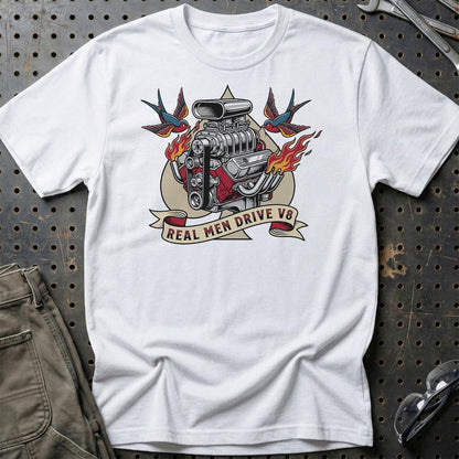 Real Men Drive V8 - Unisex T-Shirt , Bomuld-Beklædning-Garage Culture-Hvid-S-Garage Culture Shop- garage - man cave - merchandise