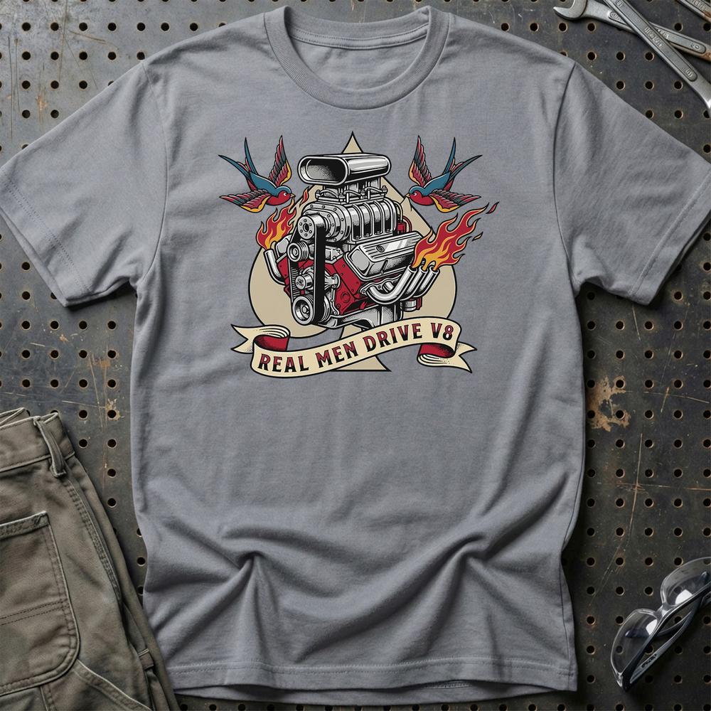 Real Men Drive V8 - Unisex T-Shirt , Bomuld-Beklædning-Garage Culture-Grå Sport-S-Garage Culture Shop- garage - man cave - merchandise