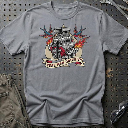 Real Men Drive V8 - Unisex T-Shirt , Bomuld-Beklædning-Garage Culture-Grå Sport-S-Garage Culture Shop- garage - man cave - merchandise