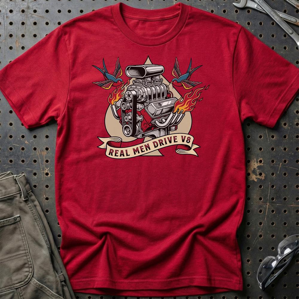 Real Men Drive V8 - Unisex T-Shirt , Bomuld-Beklædning-Garage Culture-Rød-S-Garage Culture Shop- garage - man cave - merchandise