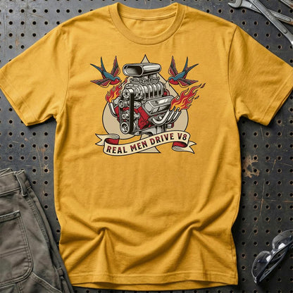 Real Men Drive V8 - Unisex T-Shirt , Bomuld-Beklædning-Garage Culture-Guld-S-Garage Culture Shop- garage - man cave - merchandise