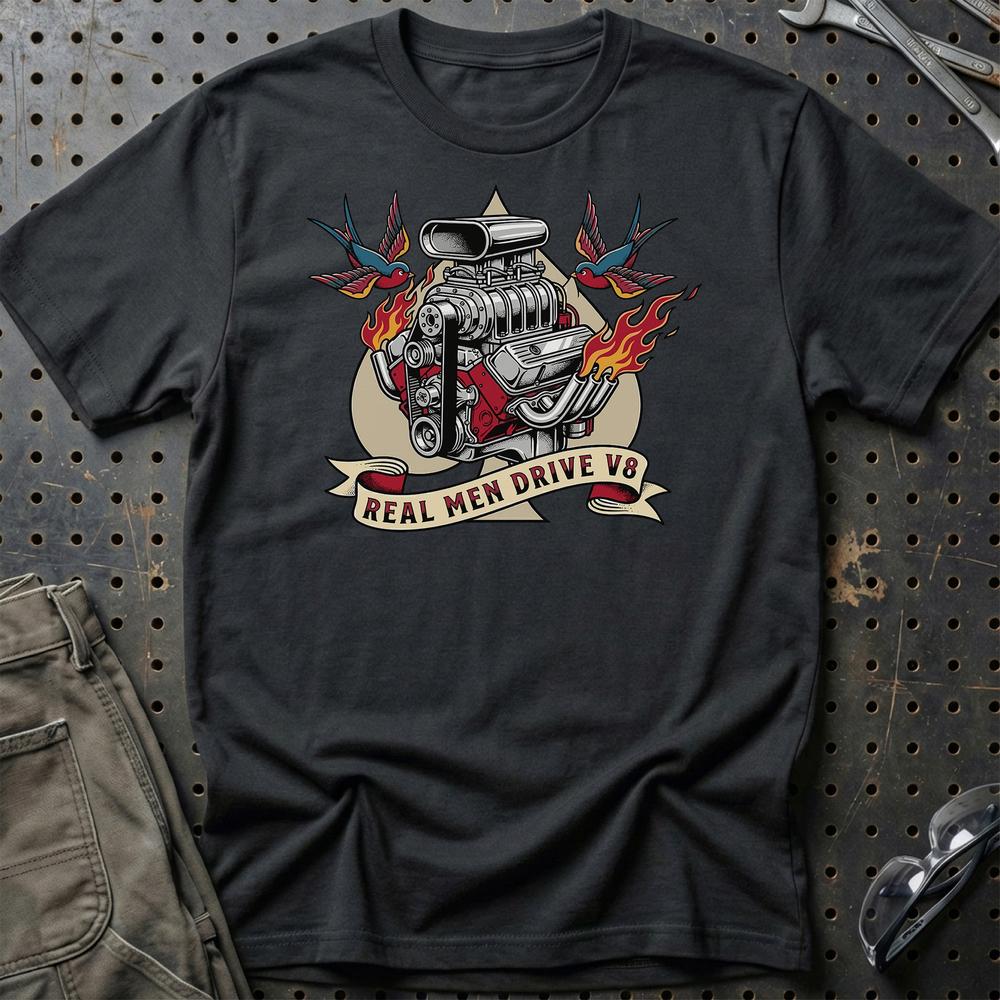 Real Men Drive V8 - Unisex T-Shirt , Bomuld-Beklædning-Garage Culture-Sort-S-Garage Culture Shop- garage - man cave - merchandise