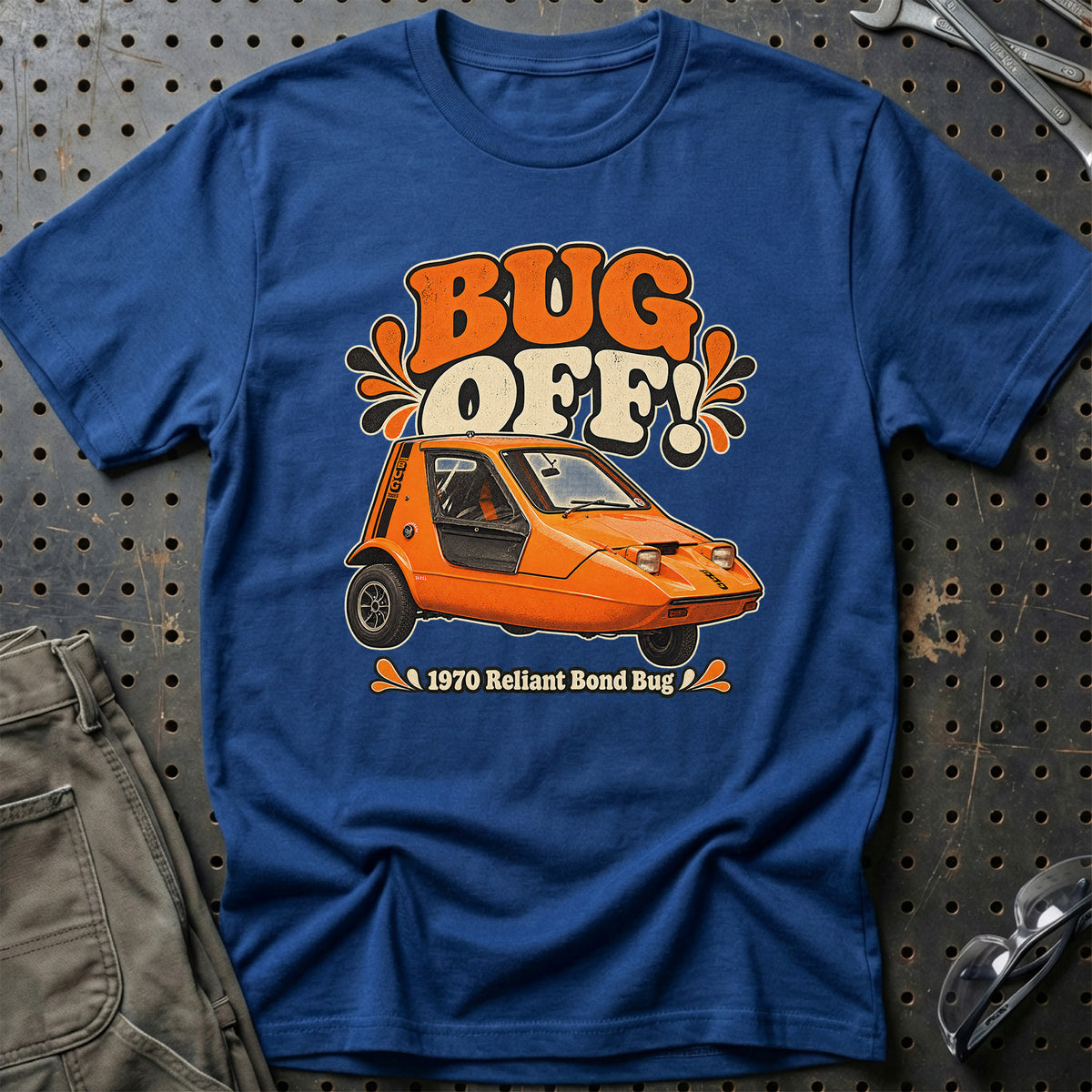 
Reliant Bond Bug 1970 – Bug Off! T-Shirt – Blå Royal