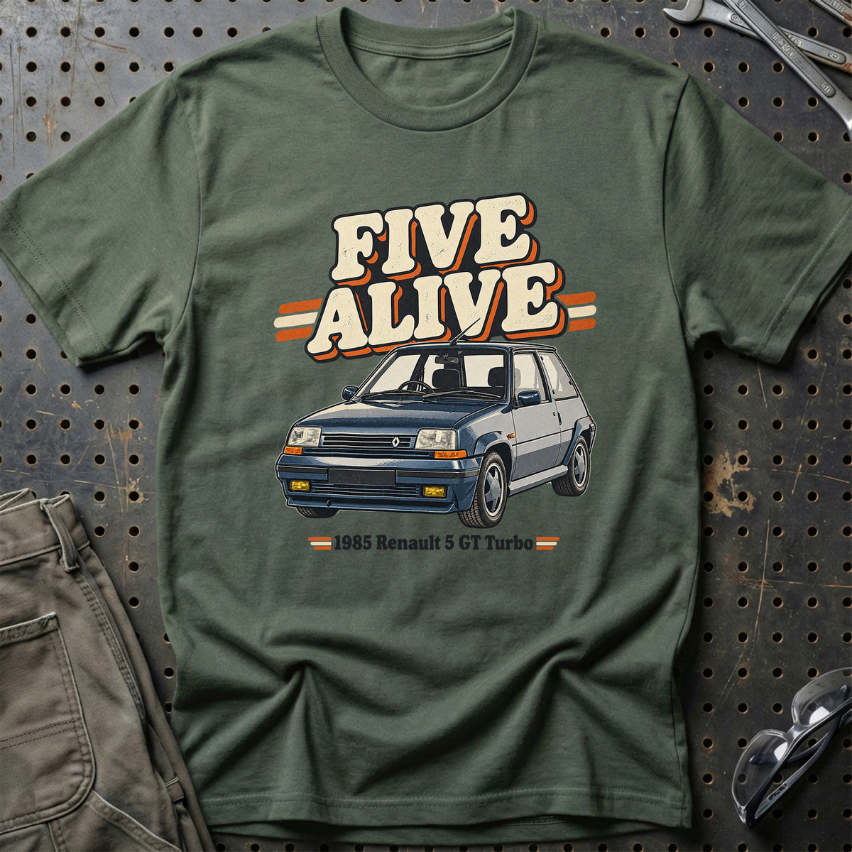 
Renault 5 GT Turbo 1985 – Five Alive T-Shirt – Grøn Militær