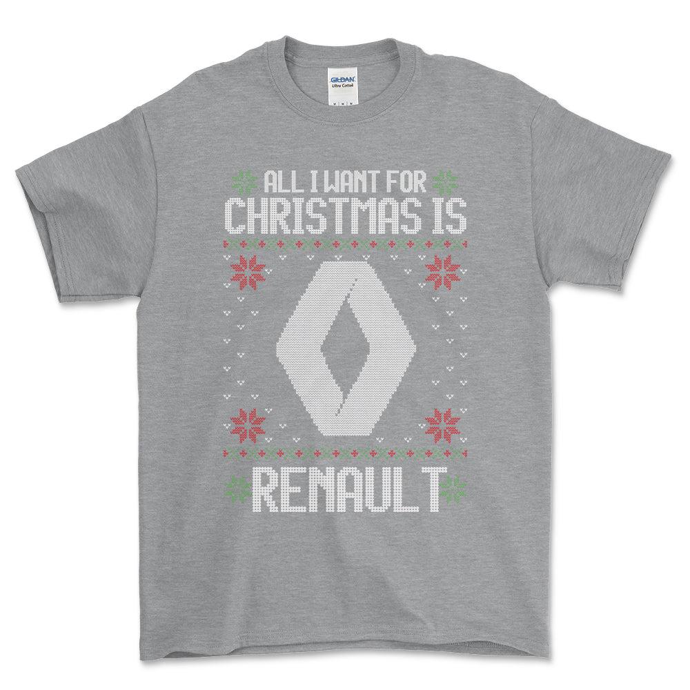 Renault - All I Want For Christmas - Unisex T-Shirt , Bomuld-Beklædning-Renault-Grå Sport-S-Forside-Garage Culture Shop- garage - man cave - merchandise