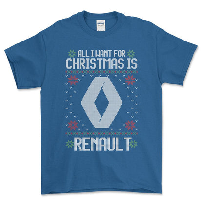 Renault - All I Want For Christmas - Unisex T-Shirt , Bomuld-Beklædning-Renault-Blå Royal-S-Forside-Garage Culture Shop- garage - man cave - merchandise