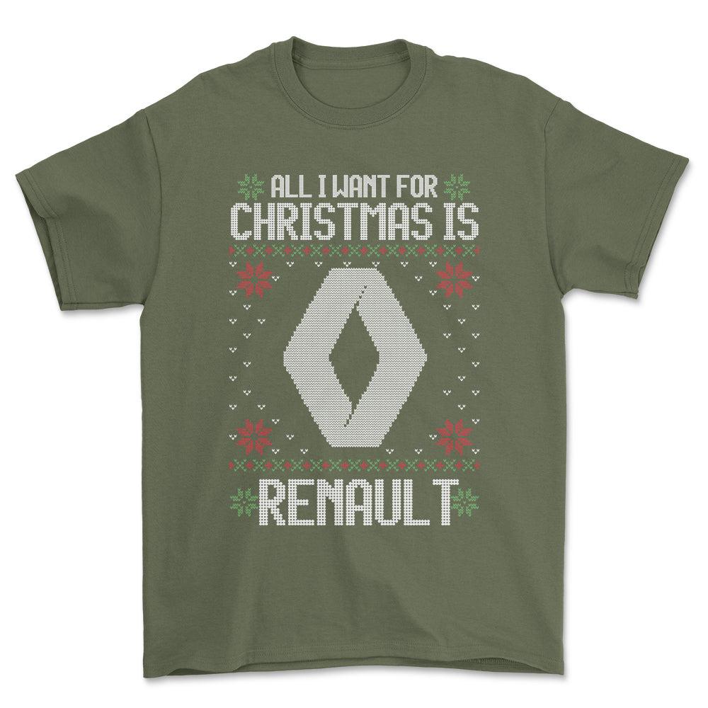 Renault - All I Want For Christmas - Unisex T-Shirt , Bomuld-Beklædning-Renault-Grøn Militær-S-Forside-Garage Culture Shop- garage - man cave - merchandise