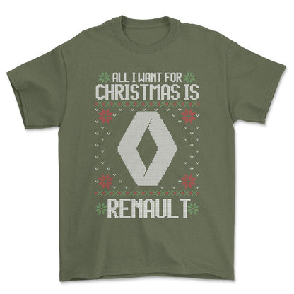 Renault - All I Want For Christmas - Unisex T-Shirt , Bomuld-Beklædning-Renault-Grøn Militær-S-Forside-Garage Culture Shop- garage - man cave - merchandise