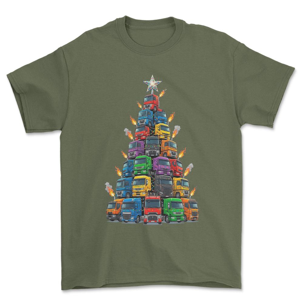 Renault Lastbil Juletræ Christmas Tree - Unisex T-Shirt-Beklædning-Renault-Grøn Militær-S-Forside-Garage Culture Shop- garage - man cave - merchandise