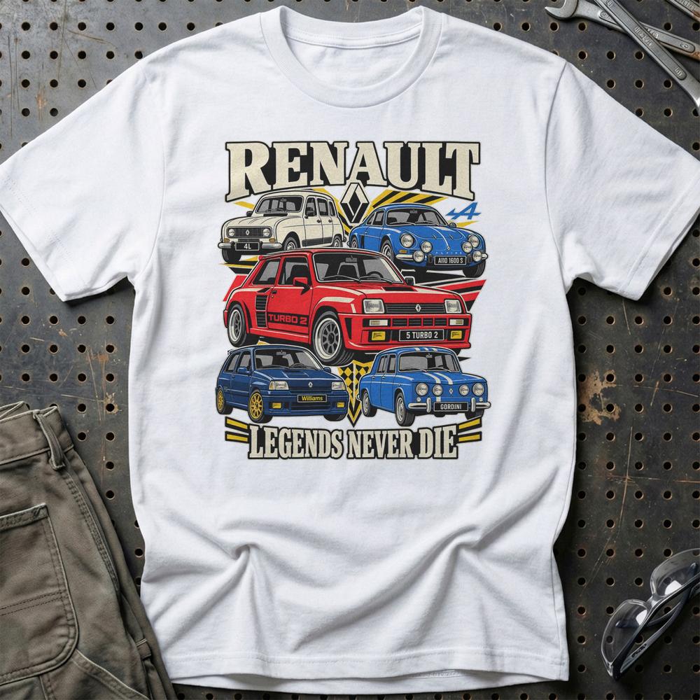 Renault Legends Never Die T-Shirt-Beklædning-Renault-Hvid-S-Garage Culture Shop- garage - man cave - merchandise