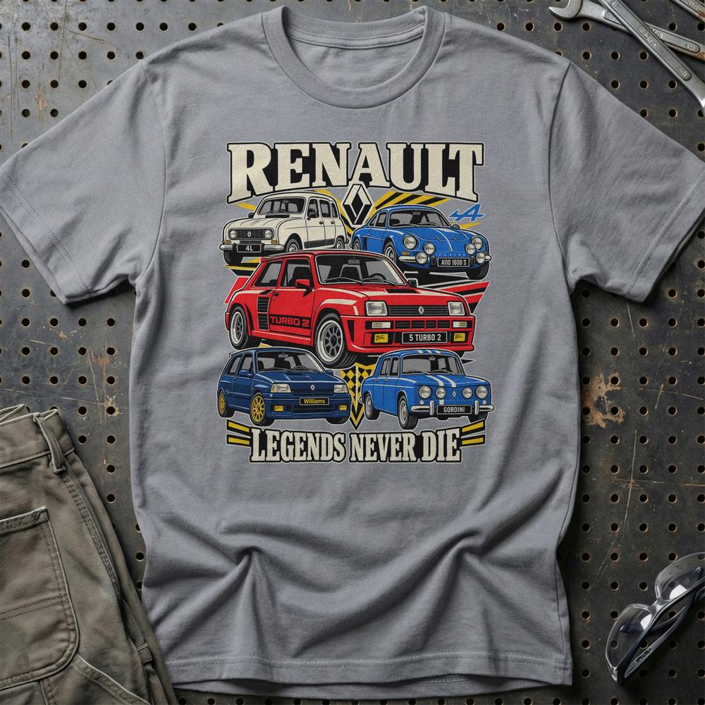 Renault Legends Never Die T-Shirt-Beklædning-Renault-Grå Sport-S-Garage Culture Shop- garage - man cave - merchandise