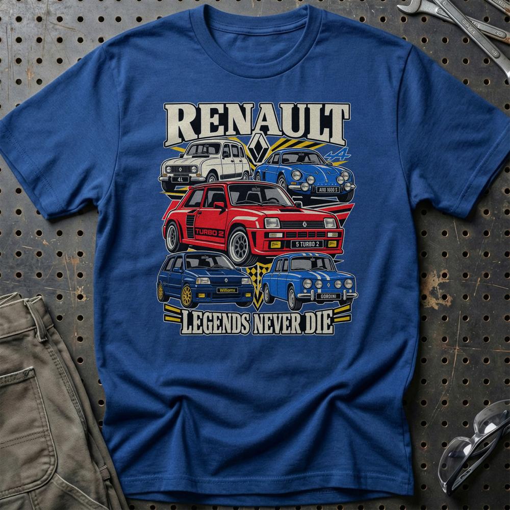Renault Legends Never Die T-Shirt-Beklædning-Renault-Blå Royal-S-Garage Culture Shop- garage - man cave - merchandise