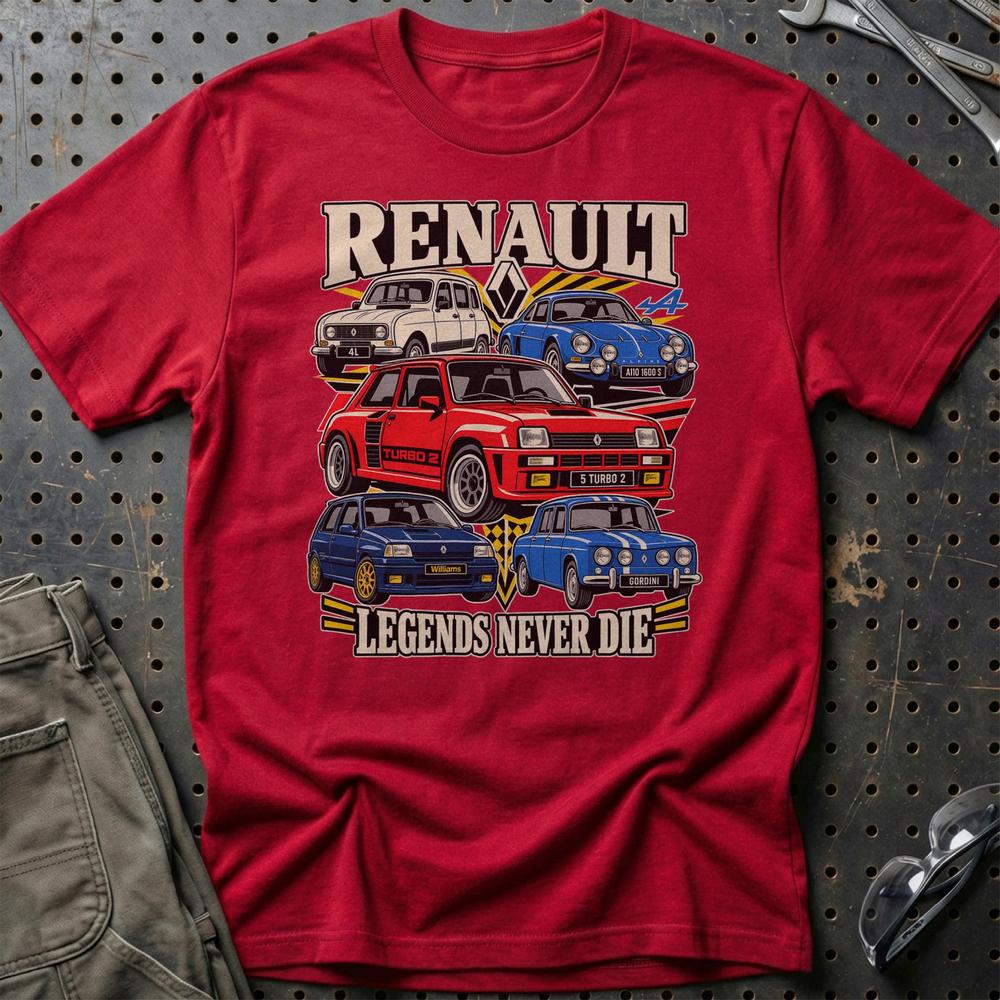 Renault Legends Never Die T-Shirt-Beklædning-Renault-Rød-S-Garage Culture Shop- garage - man cave - merchandise