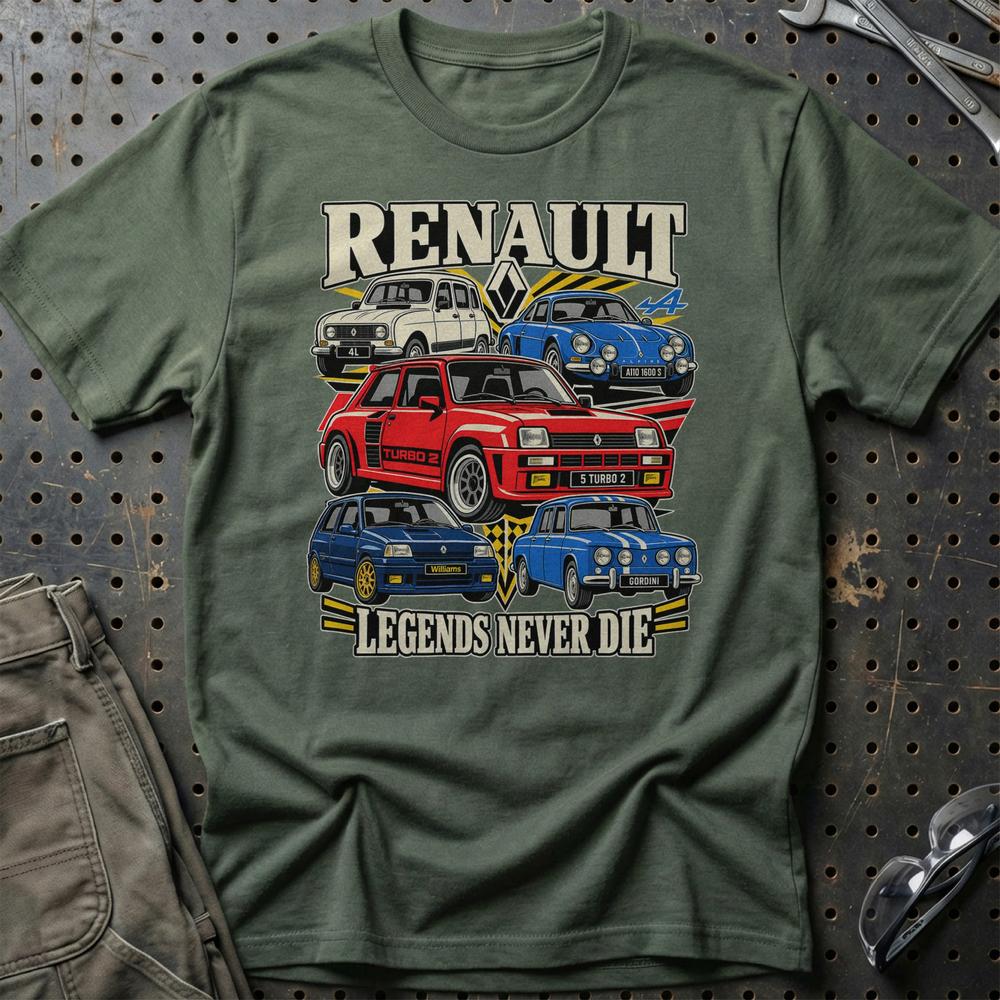 Renault Legends Never Die T-Shirt-Beklædning-Renault-Grøn Militær-S-Garage Culture Shop- garage - man cave - merchandise