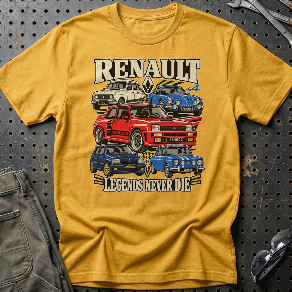 Renault Legends Never Die T-Shirt-Beklædning-Renault-Guld-S-Garage Culture Shop- garage - man cave - merchandise
