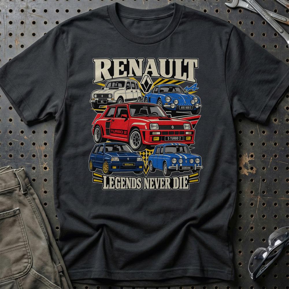 Renault Legends Never Die T-Shirt-Beklædning-Renault-Sort-S-Garage Culture Shop- garage - man cave - merchandise