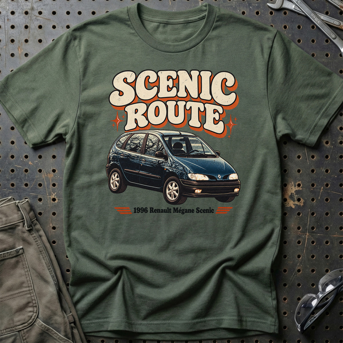 
Renault Mégane Scenic 1996 – Scenic Route T-Shirt – Grøn Militær