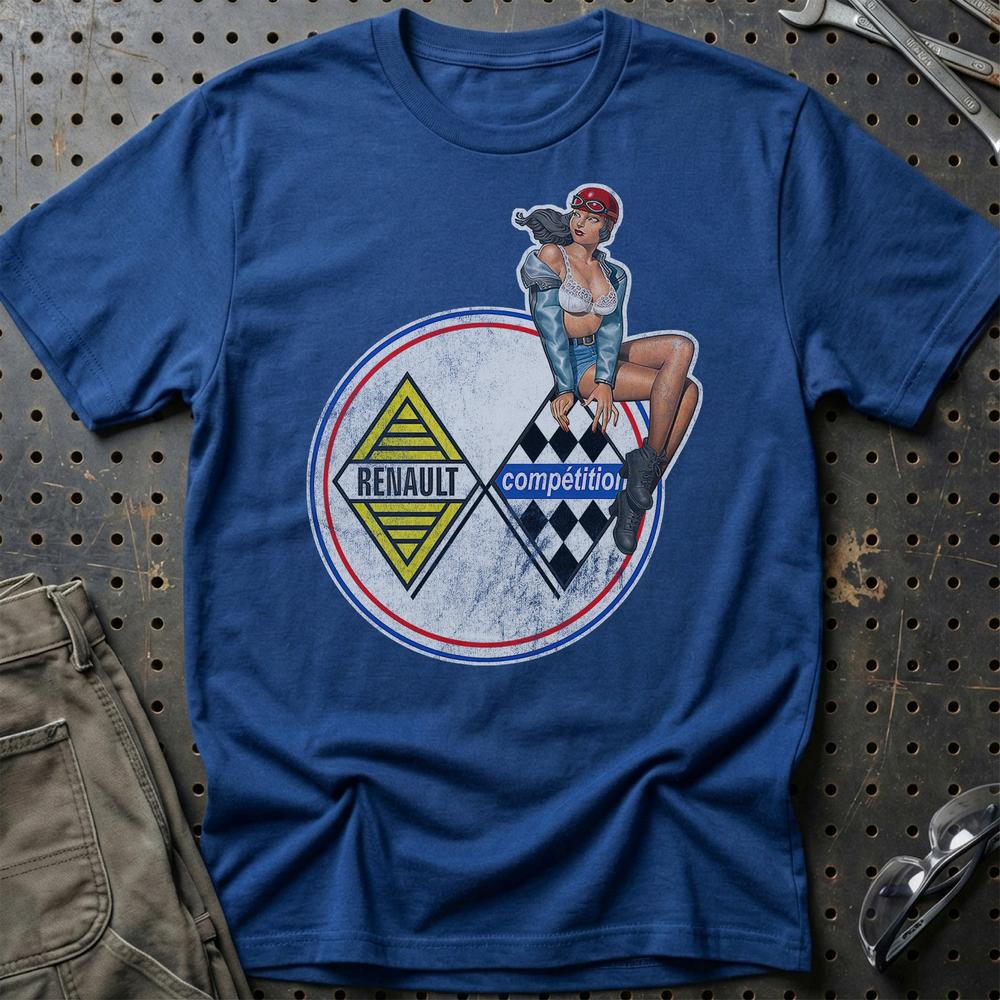 Renault Pinup T-Shirt-Beklædning-Renault-Blå Royal-S-Garage Culture Shop- garage - man cave - merchandise