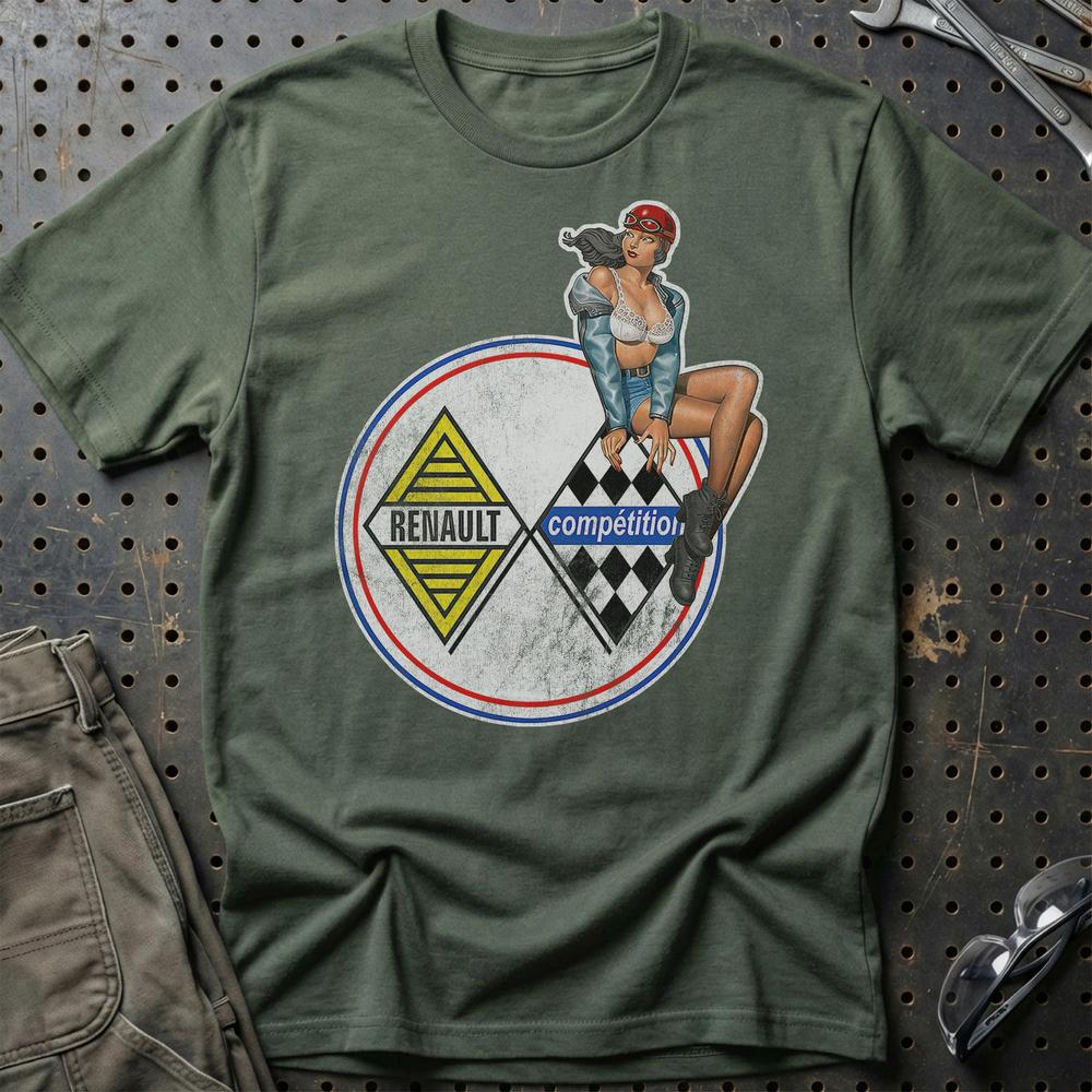 Renault Pinup T-Shirt-Beklædning-Renault-Grøn Militær-S-Garage Culture Shop- garage - man cave - merchandise