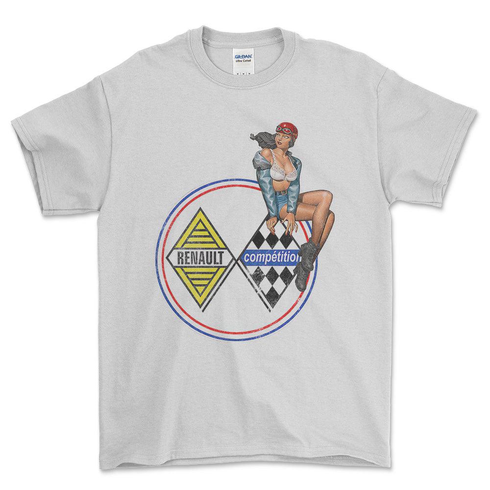 Renault Pinup - Unisex T-Shirt , Bomuld-Beklædning-Renault-Hvid-S-Forside-Garage Culture Shop- garage - man cave - merchandise