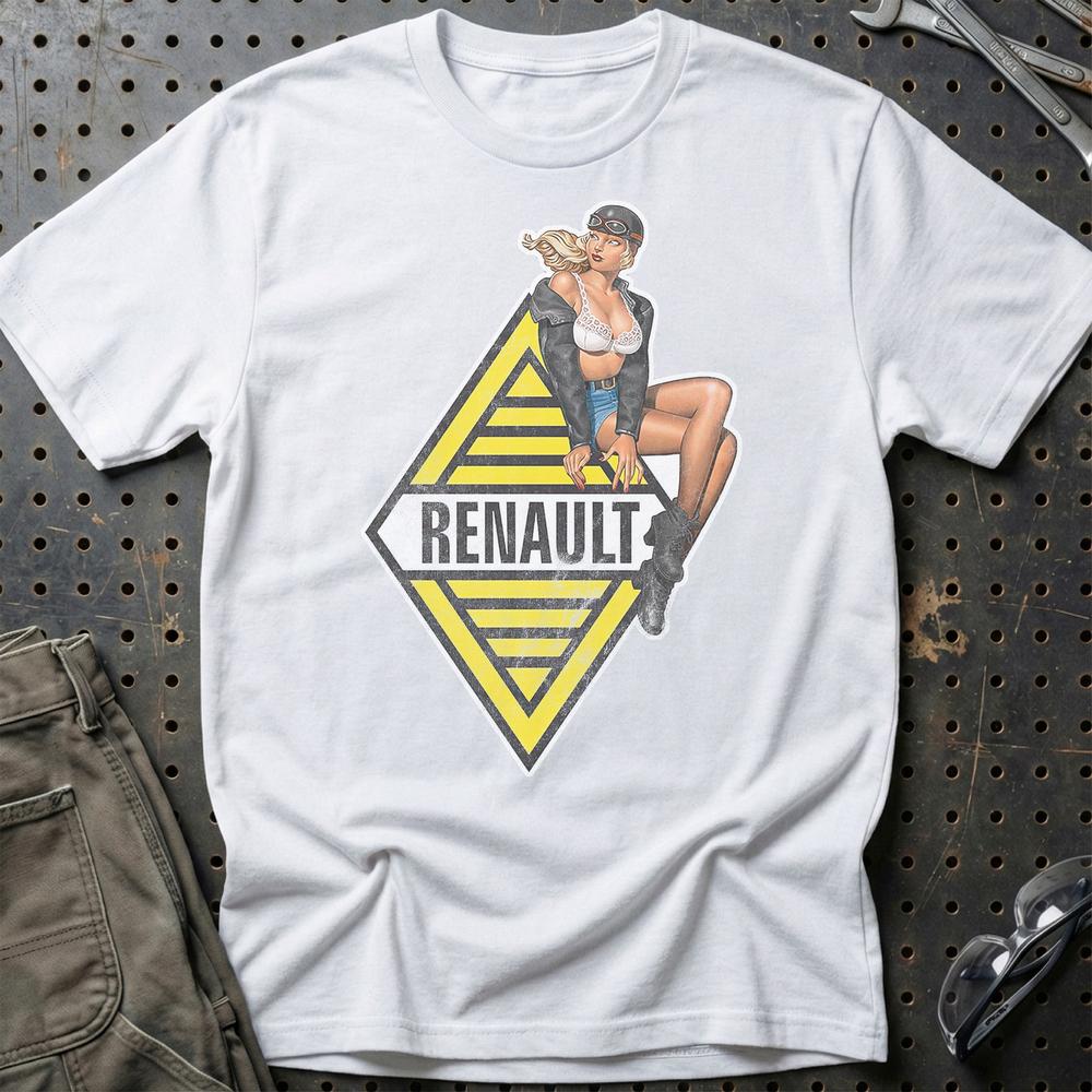 Renault Pinup - Unisex T-Shirt , Bomuld-Beklædning-Renault-Hvid-S-Garage Culture Shop- garage - man cave - merchandise