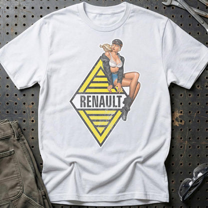 Renault Pinup - Unisex T-Shirt , Bomuld-Beklædning-Renault-Hvid-S-Garage Culture Shop- garage - man cave - merchandise