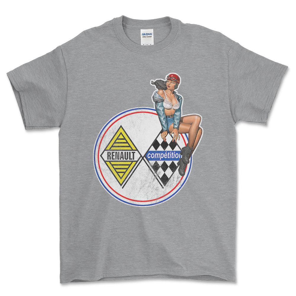 Renault Pinup - Unisex T-Shirt , Bomuld-Beklædning-Renault-Grå Sport-S-Forside-Garage Culture Shop- garage - man cave - merchandise