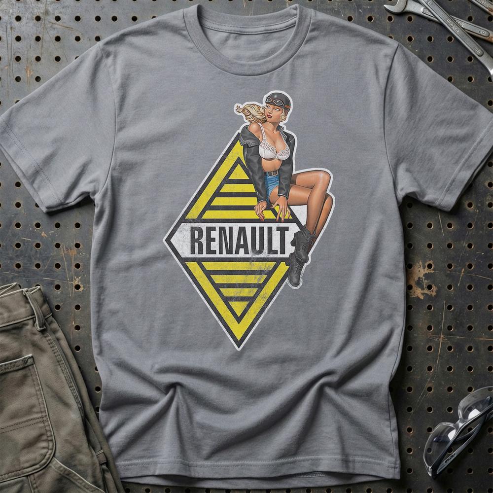 Renault Pinup - Unisex T-Shirt , Bomuld-Beklædning-Renault-Grå Sport-S-Garage Culture Shop- garage - man cave - merchandise