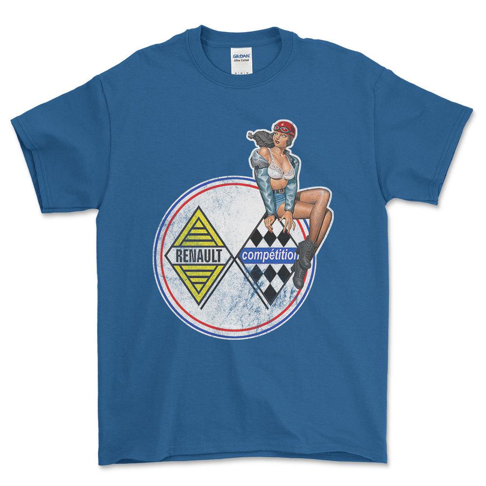Renault Pinup - Unisex T-Shirt , Bomuld-Beklædning-Renault-Blå Royal-S-Forside-Garage Culture Shop- garage - man cave - merchandise