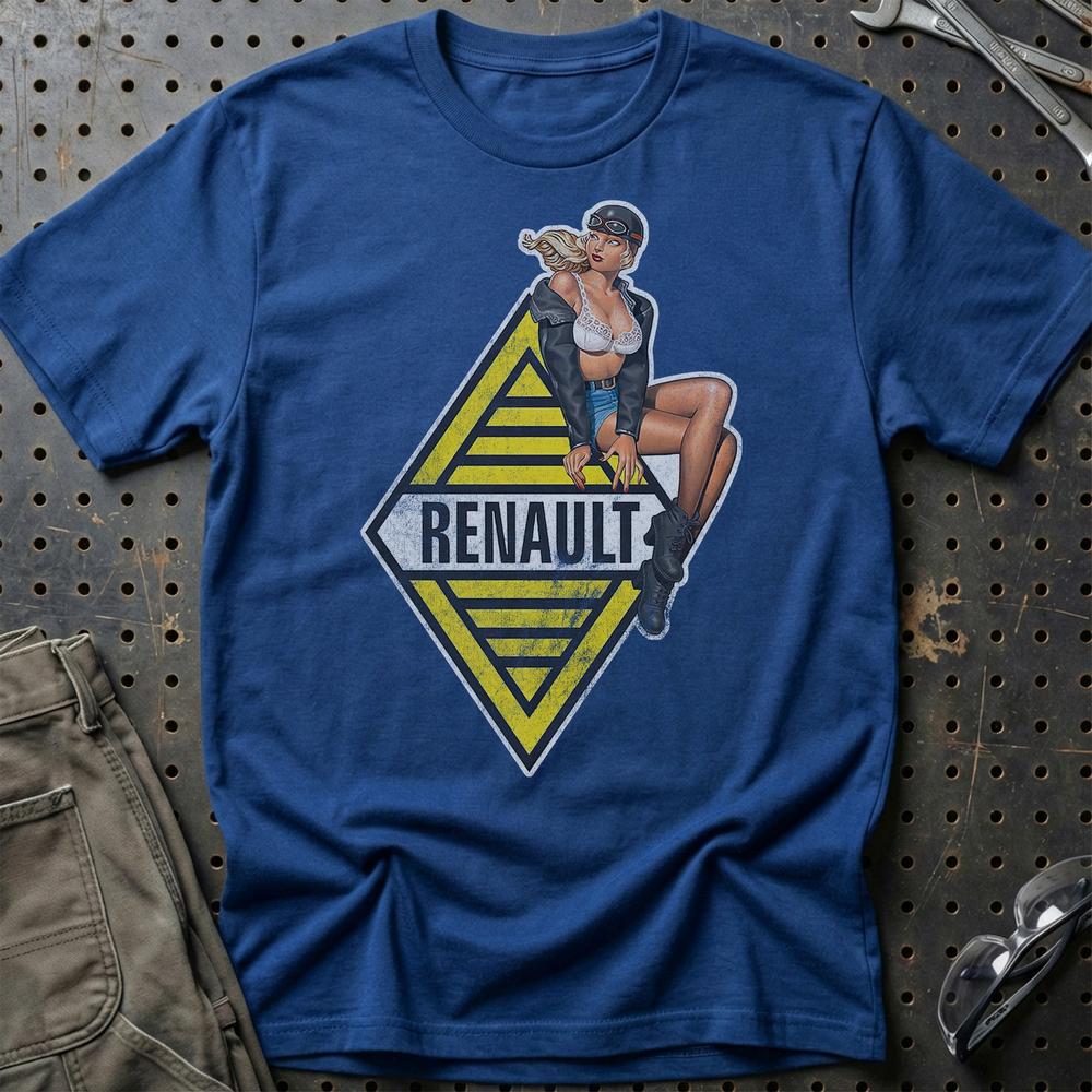 Renault Pinup - Unisex T-Shirt , Bomuld-Beklædning-Renault-Blå Royal-S-Garage Culture Shop- garage - man cave - merchandise