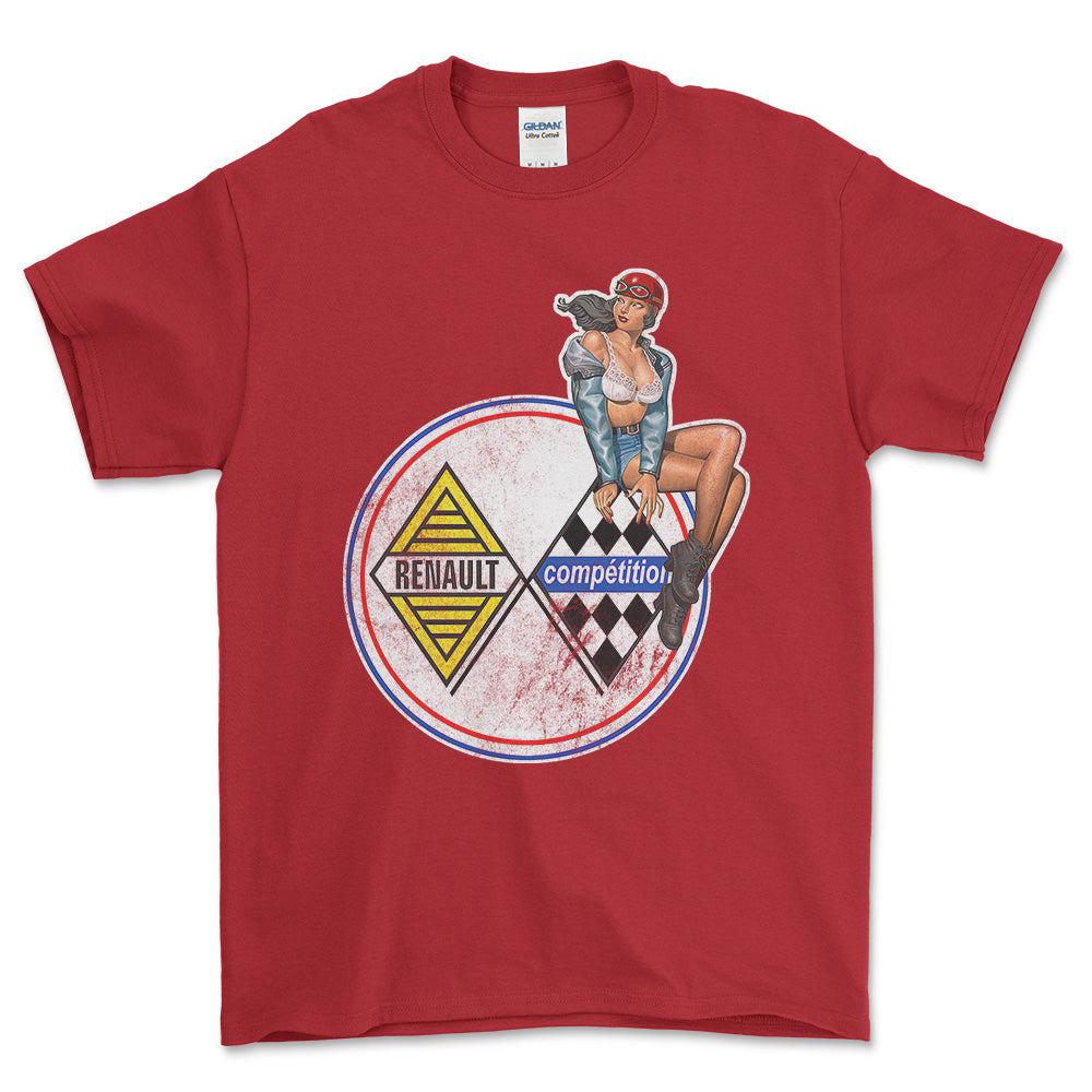 Renault Pinup - Unisex T-Shirt , Bomuld-Beklædning-Renault-Rød-S-Forside-Garage Culture Shop- garage - man cave - merchandise
