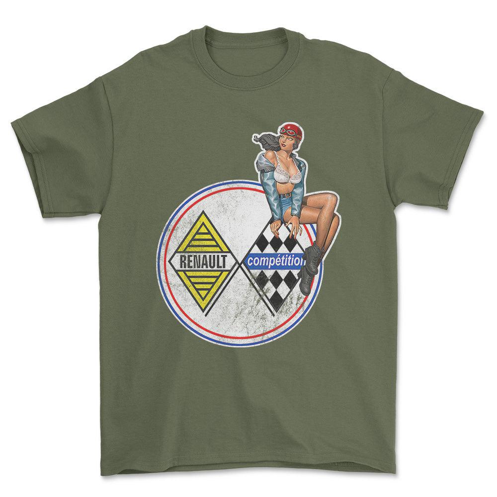 Renault Pinup - Unisex T-Shirt , Bomuld-Beklædning-Renault-Grøn Militær-S-Forside-Garage Culture Shop- garage - man cave - merchandise