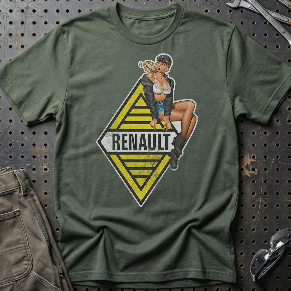 Renault Pinup - Unisex T-Shirt , Bomuld-Beklædning-Renault-Grøn Militær-S-Garage Culture Shop- garage - man cave - merchandise