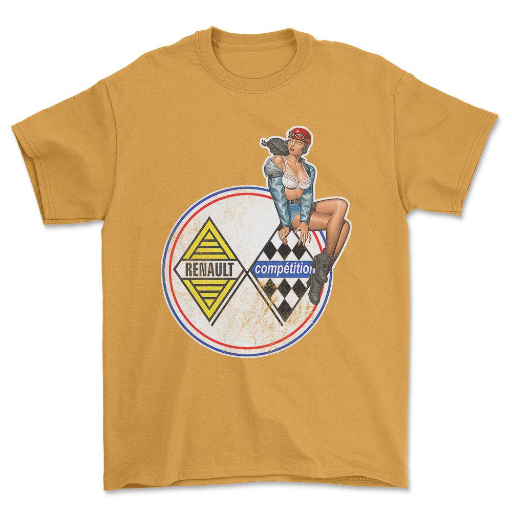 Renault Pinup - Unisex T-Shirt , Bomuld-Beklædning-Renault-Guld-S-Forside-Garage Culture Shop- garage - man cave - merchandise