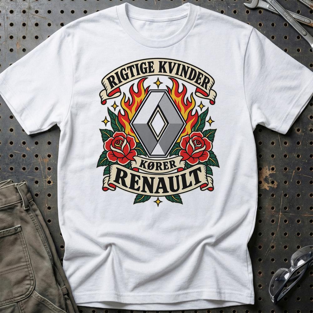 Renault Rigtige Kvinder Kører – Roser og Flammer T-Shirt-Beklædning-Renault-Hvid-S-Garage Culture Shop- garage - man cave - merchandise