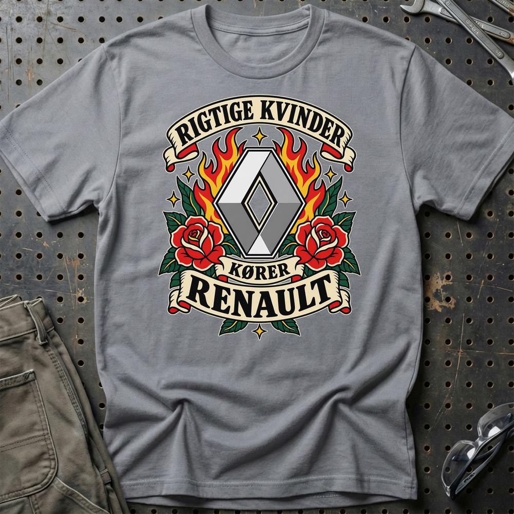 Renault Rigtige Kvinder Kører – Roser og Flammer T-Shirt-Beklædning-Renault-Grå Sport-S-Garage Culture Shop- garage - man cave - merchandise