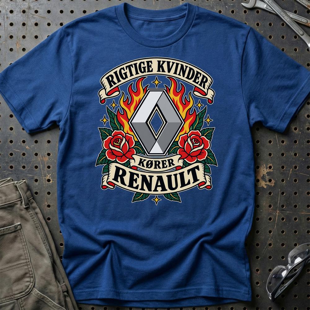 Renault Rigtige Kvinder Kører – Roser og Flammer T-Shirt-Beklædning-Renault-Blå Royal-S-Garage Culture Shop- garage - man cave - merchandise