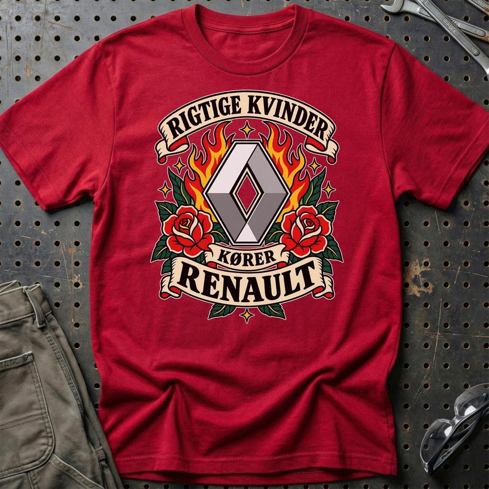 Renault Rigtige Kvinder Kører – Roser og Flammer T-Shirt-Beklædning-Renault-Rød-S-Garage Culture Shop- garage - man cave - merchandise