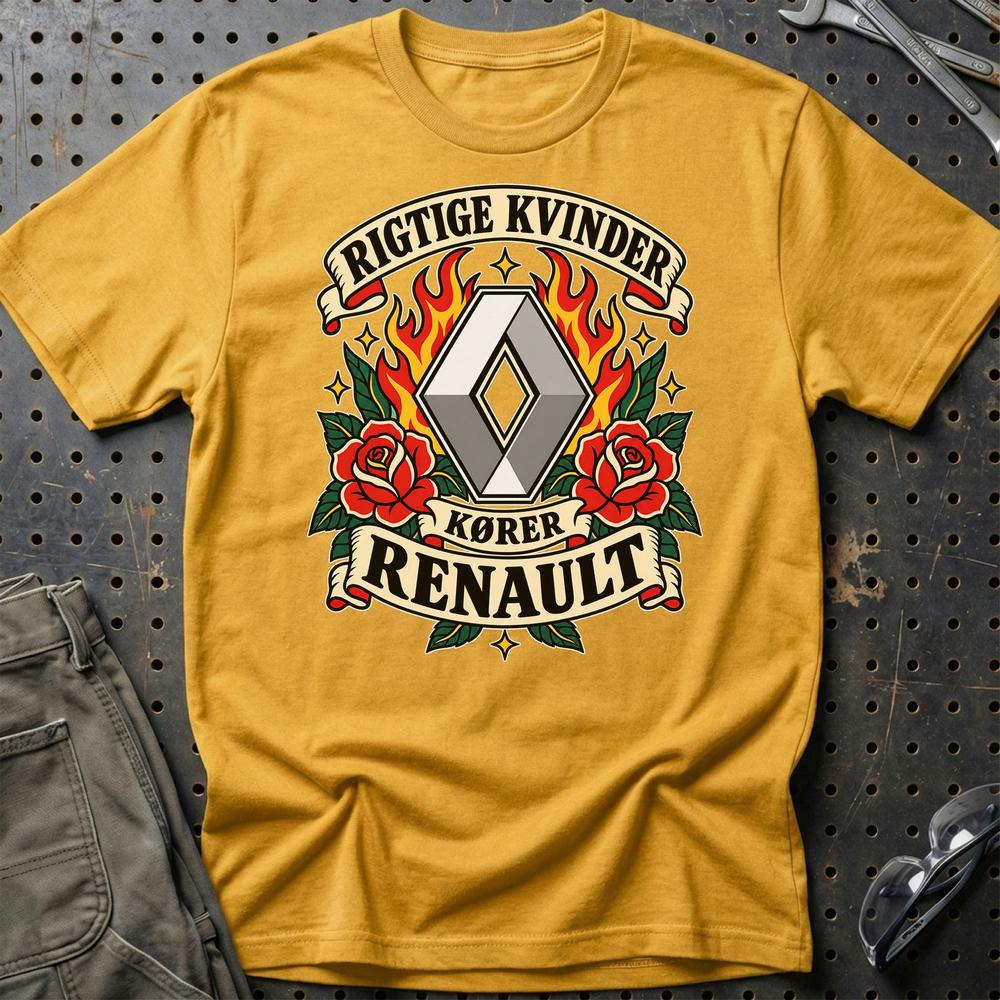 Renault Rigtige Kvinder Kører – Roser og Flammer T-Shirt-Beklædning-Renault-Guld-S-Garage Culture Shop- garage - man cave - merchandise