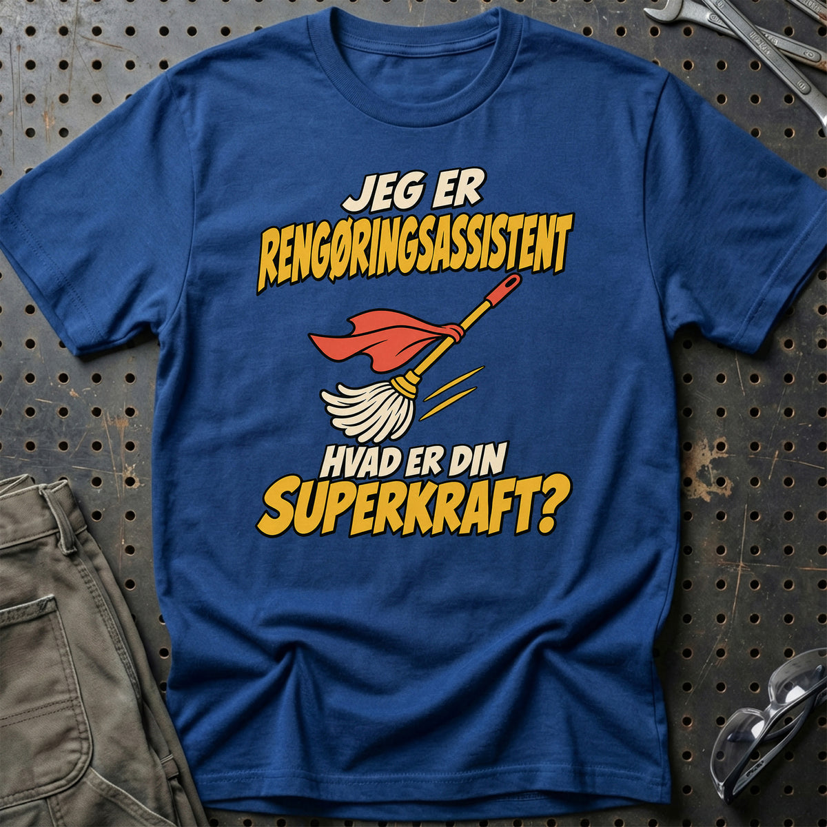 
Rengøringsassistent – Hvad er din superkraft? – Unisex T-Shirt – Blå Royal