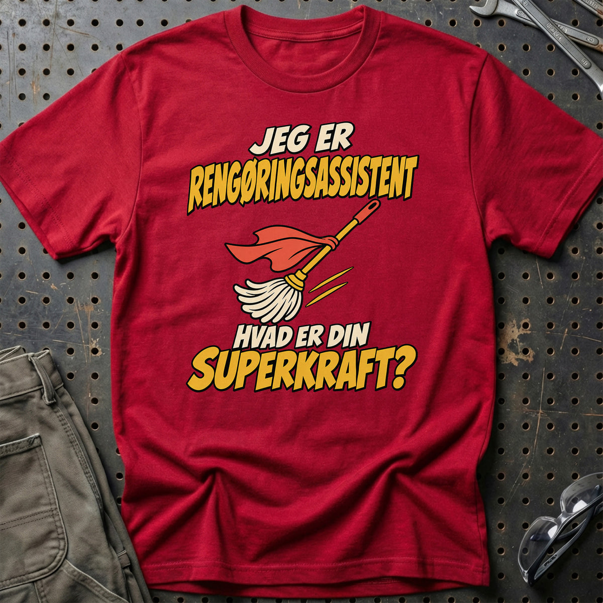 
Rengøringsassistent – Hvad er din superkraft? – Unisex T-Shirt – Rød