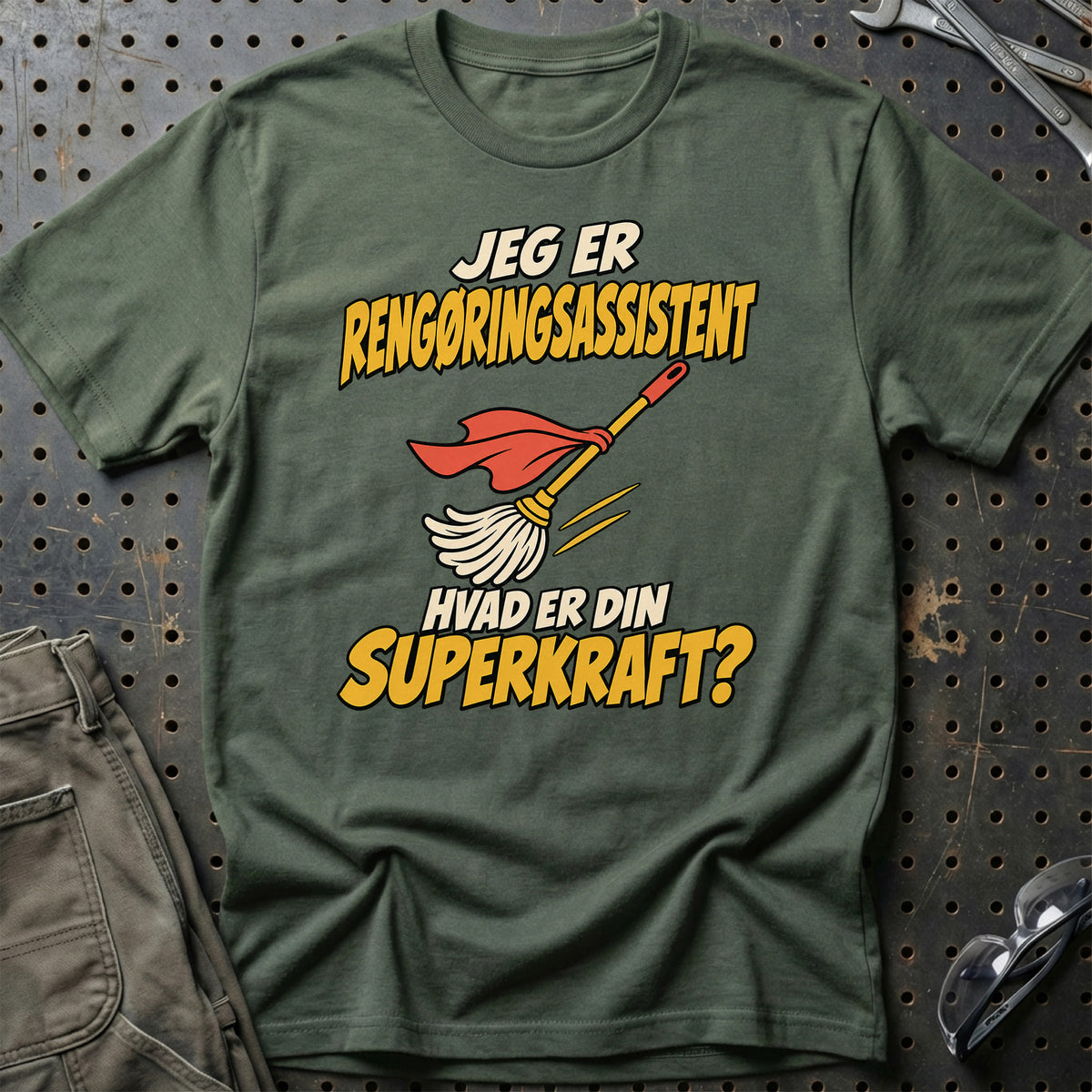 
Rengøringsassistent – Hvad er din superkraft? – Unisex T-Shirt – Grøn Militær