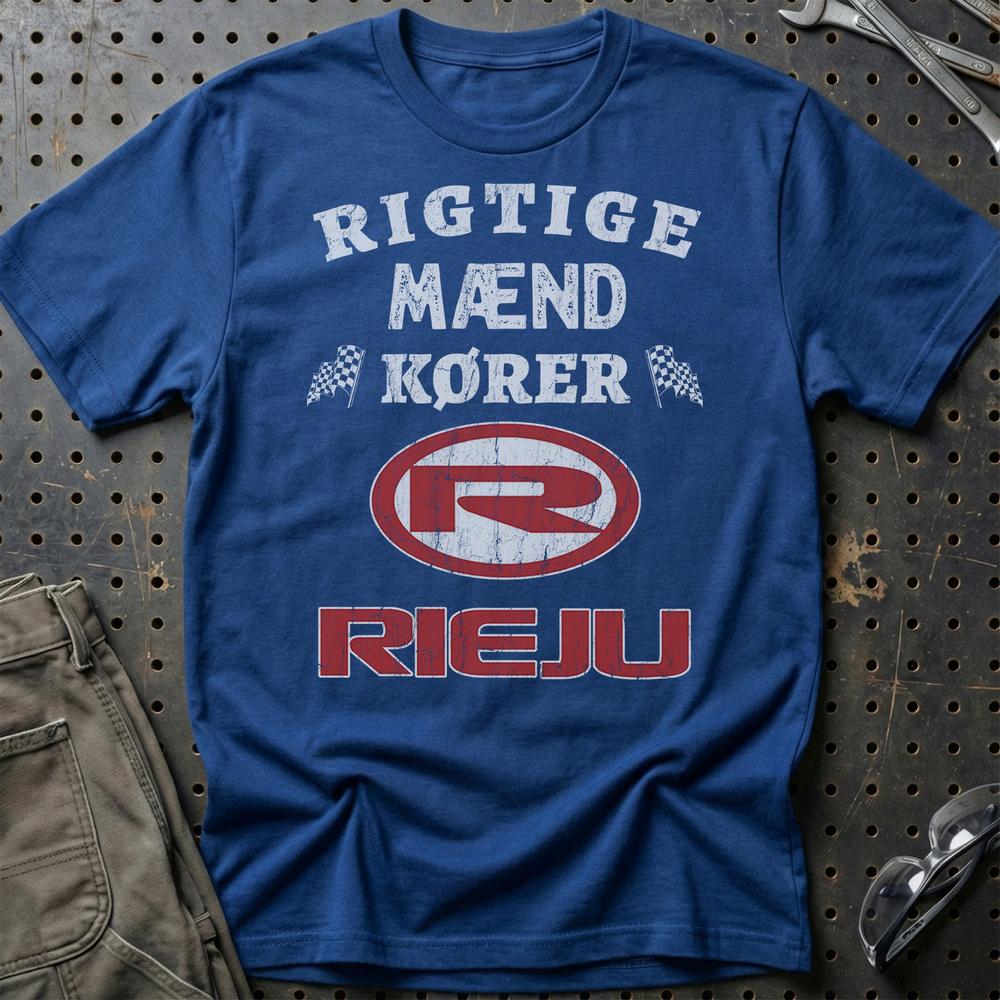 Rieju Rigtige Mænd Kører T-Shirt-Beklædning-Rieju-Blå Royal-S-Garage Culture Shop- garage - man cave - merchandise