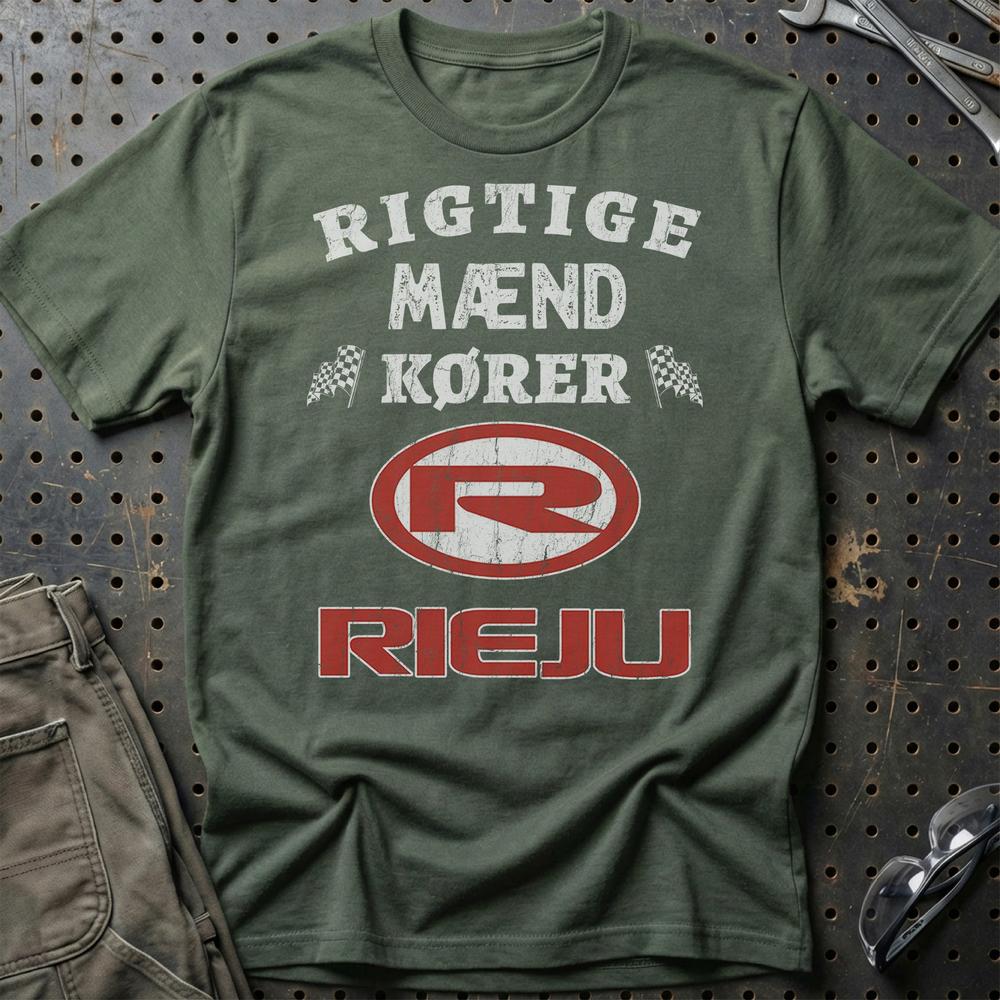 Rieju Rigtige Mænd Kører T-Shirt-Beklædning-Rieju-Grøn Militær-S-Garage Culture Shop- garage - man cave - merchandise