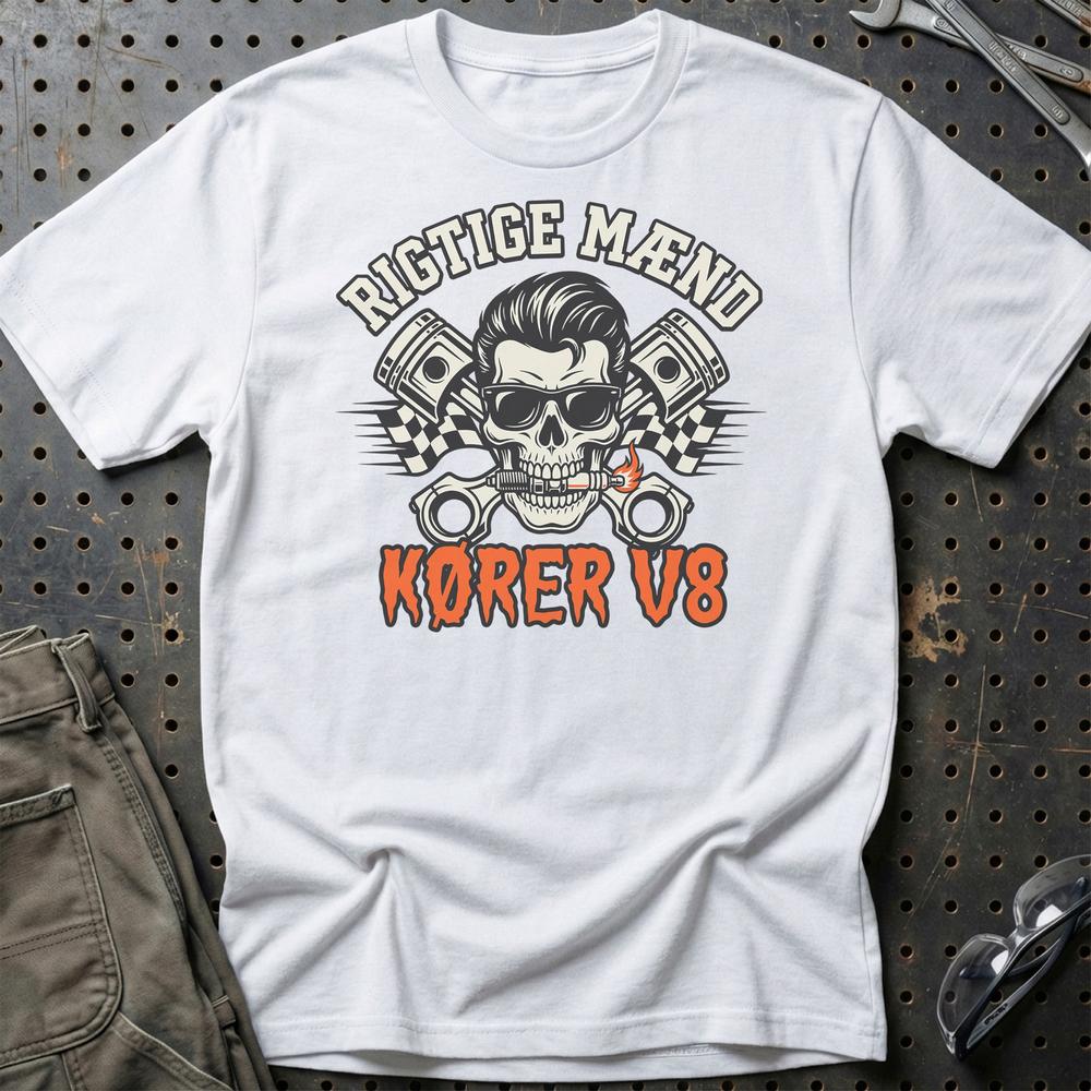 Rigtige Mænd Kører V8 T-Shirt-Beklædning-Garage Culture-Hvid-S-Garage Culture Shop- garage - man cave - merchandise