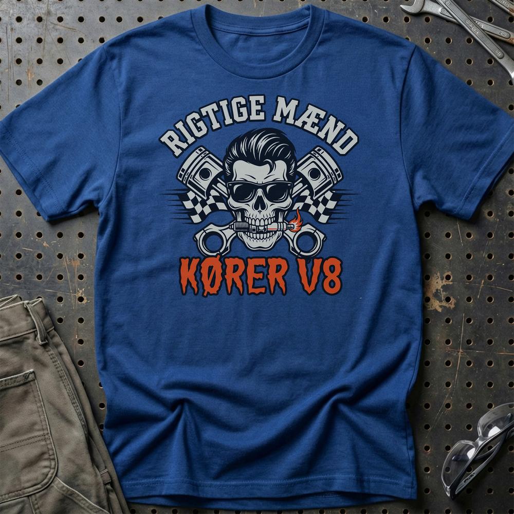 Rigtige Mænd Kører V8 T-Shirt-Beklædning-Garage Culture-Blå Royal-S-Garage Culture Shop- garage - man cave - merchandise